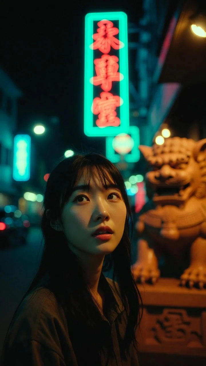 Portrait in a neon-lit street at night