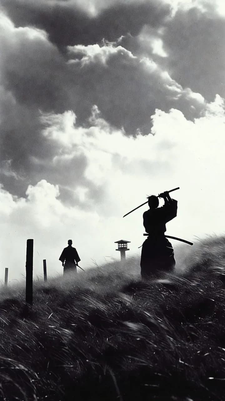 Swordsman on a ridge beneath clouds