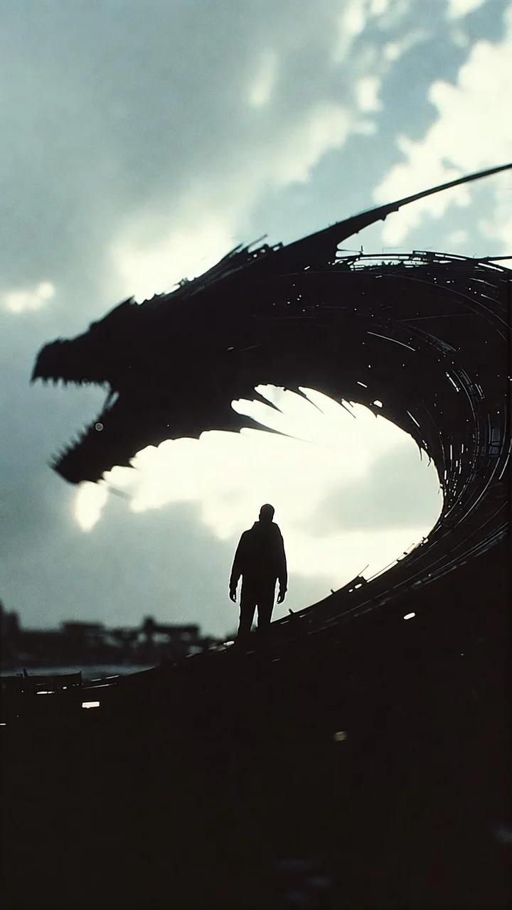 A vast dark dragon rearing over a man standing alone on a rise, its head turned down toward him.