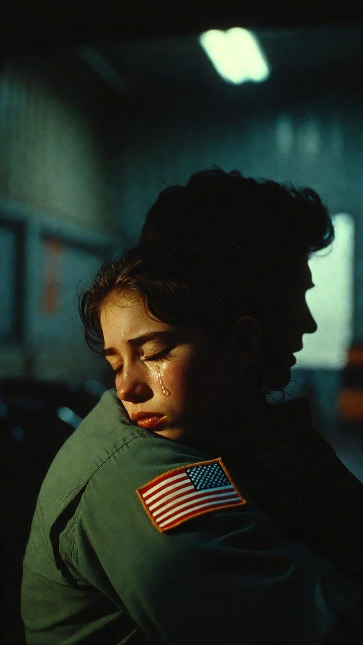 A woman in tears resting her head on the shoulder of someone in a military jacket with a US flag patch.