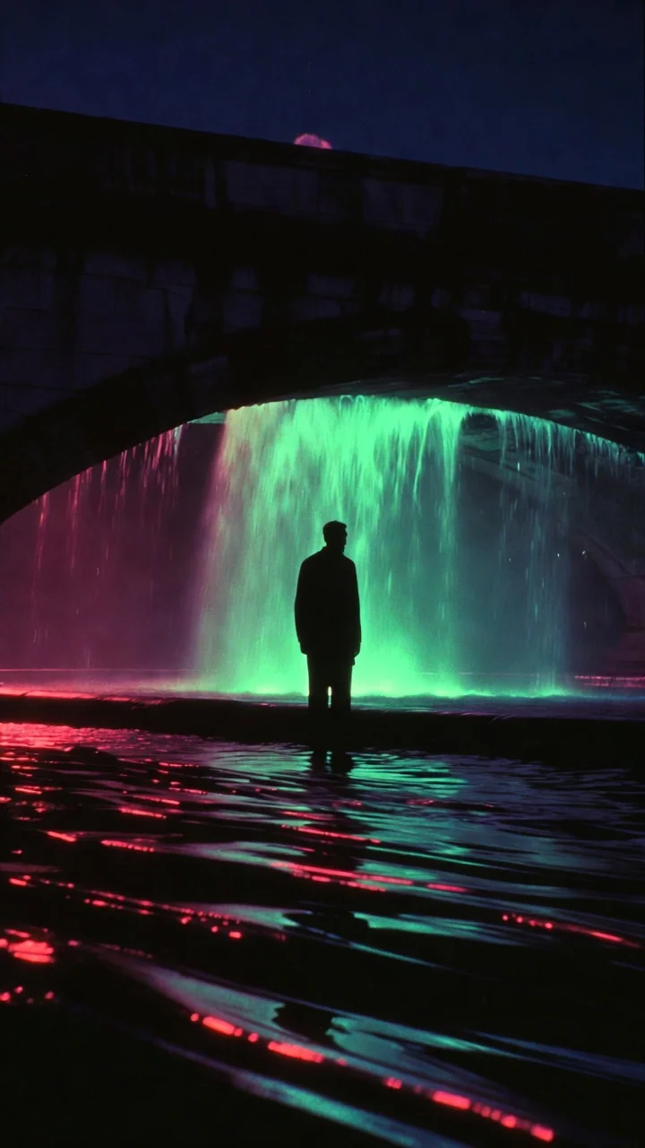 A lone figure standing in shallow water before a curtain of falling water lit green and magenta under a bridge.