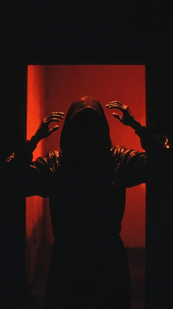 A hooded figure in a red-lit doorway with both hands raised flat against the frame.